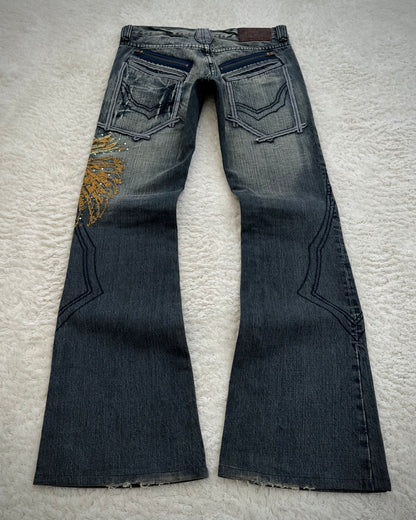 Tornado Mart Tribe Skull Embroidery Flared Jeans