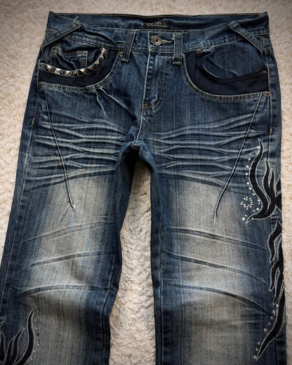 Black Crown Tribal Embroidery Studded Flared Jeans