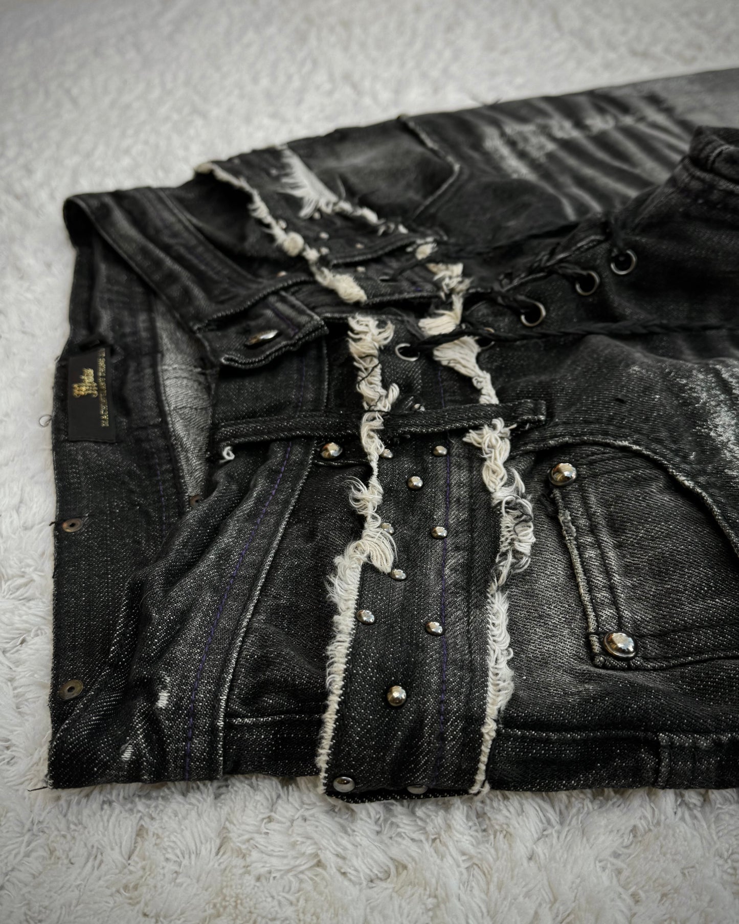 Midas Croc Repaired Silver Waxed Lace Up Bootcut Jeans