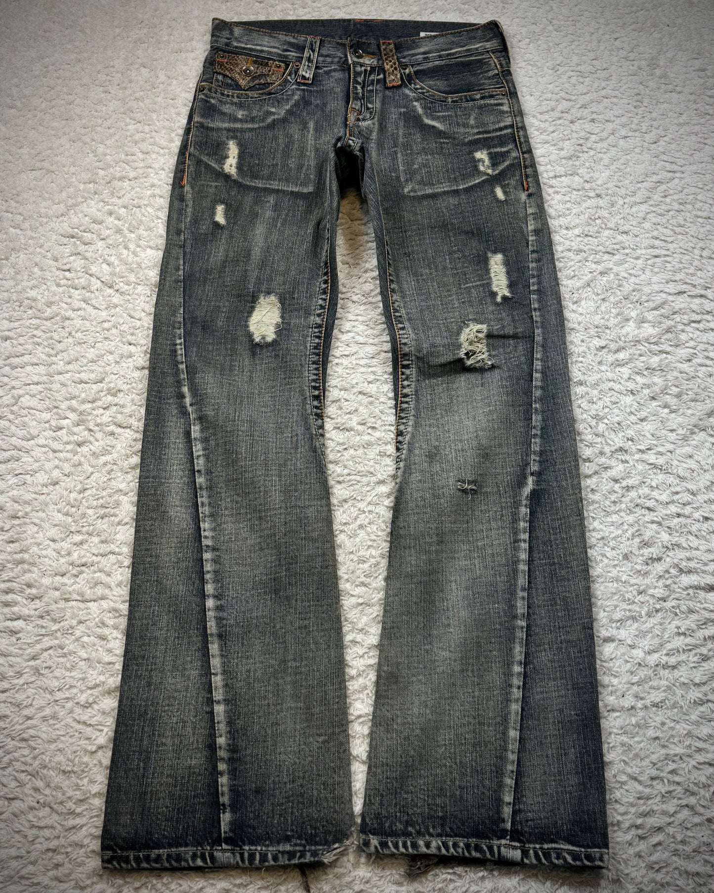 Semantic Design Python Flaps Mud Washed Spiral Flared Jeans
