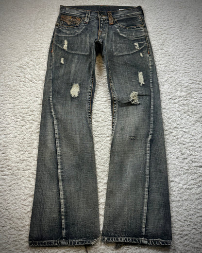 Semantic Design Python Flaps Mud Washed Spiral Flared Jeans