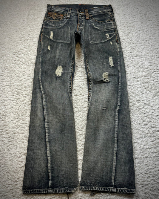 Semantic Design Python Flaps Mud Washed Spiral Flared Jeans