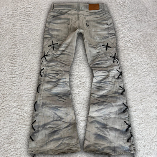 Tornado Mart Silver Whisker Wash Spiral Lace-Up Flared Denim