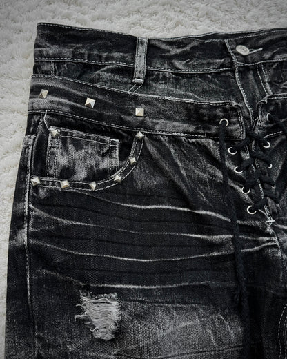 Double Waisted Lace Up Studded Distressed Flared Jeans
