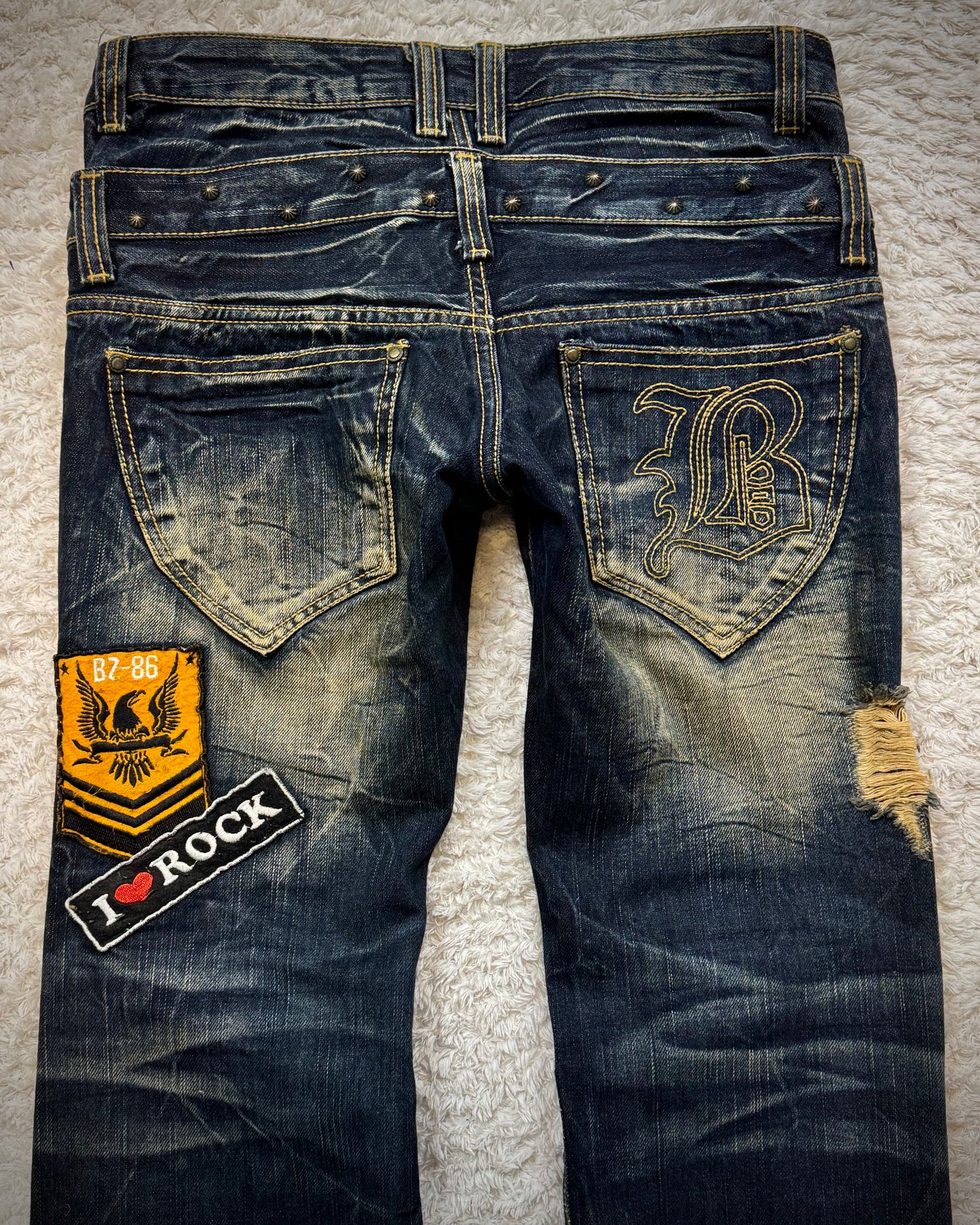 Buzz Spunky Double Waisted Lace Up Studded Flared Jeans