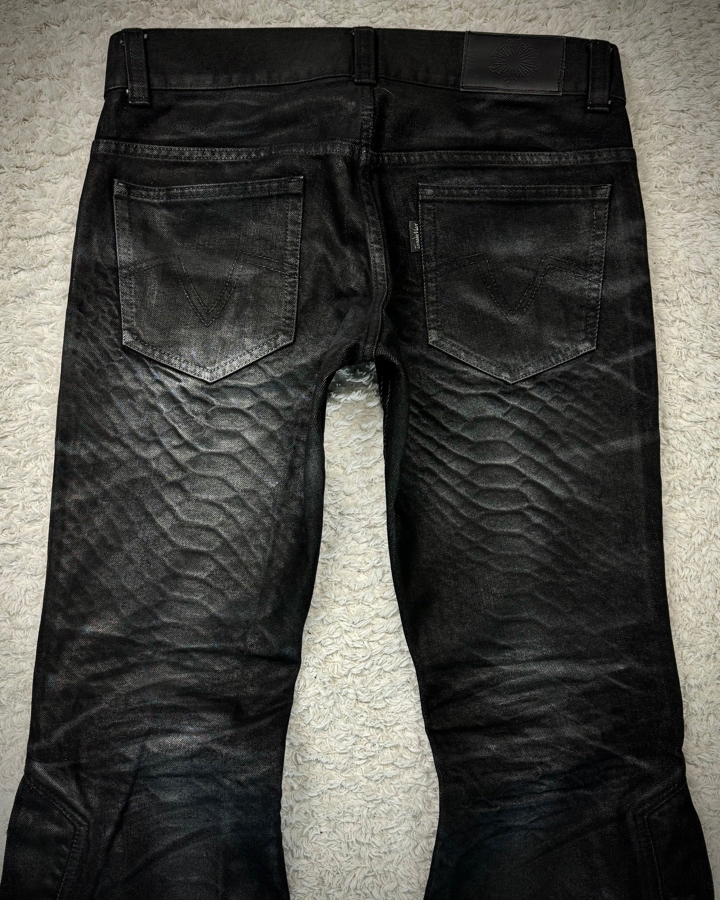 Tornado Mart Oil Coated Python Pattern Lace Up Flared Jeans