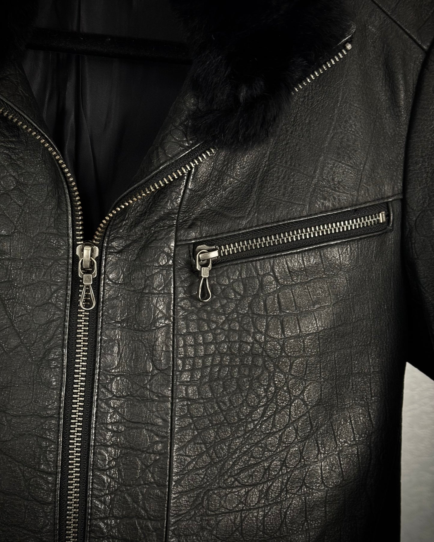 Tornado Mart Crocodile Textured Leather Fur Jacket