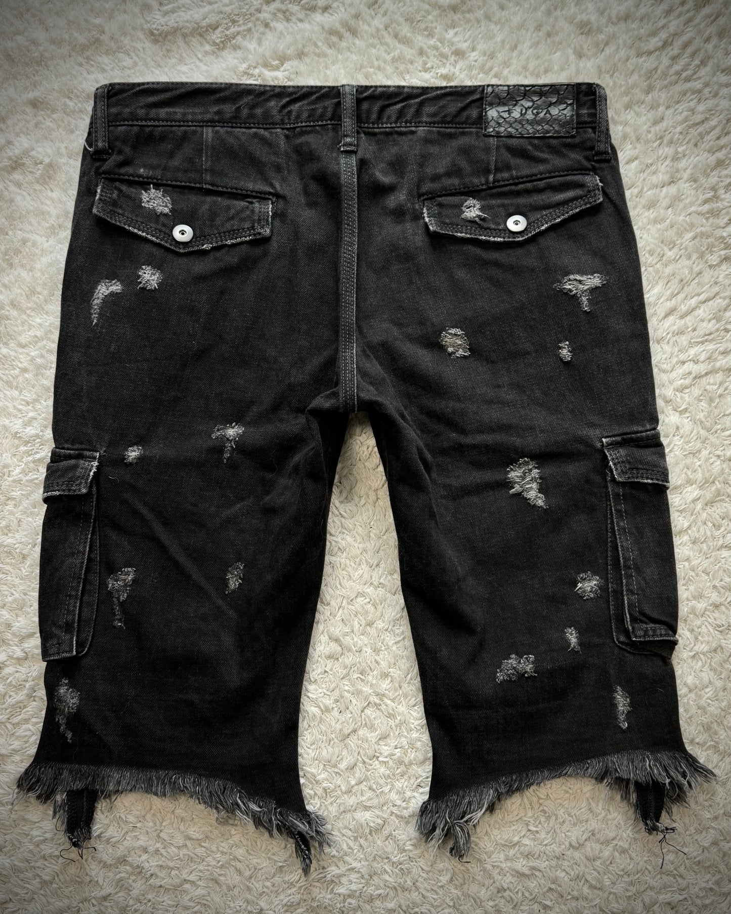 Fuga Raw Cut Fringed Cargo Denim Shorts