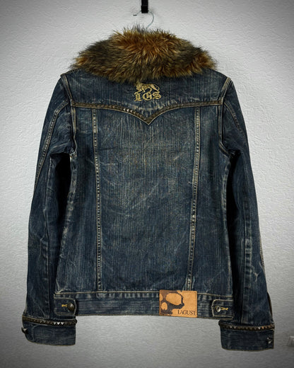 Lagust Studded Fur Collar Denim Jacket