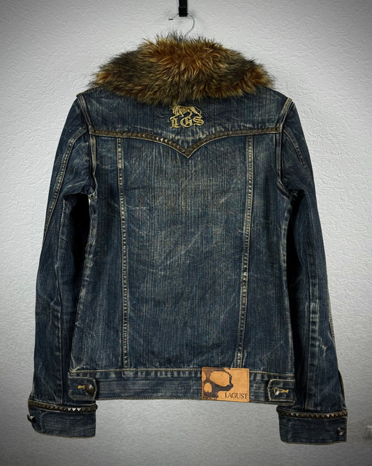 Lagust Studded Fur Collar Denim Jacket