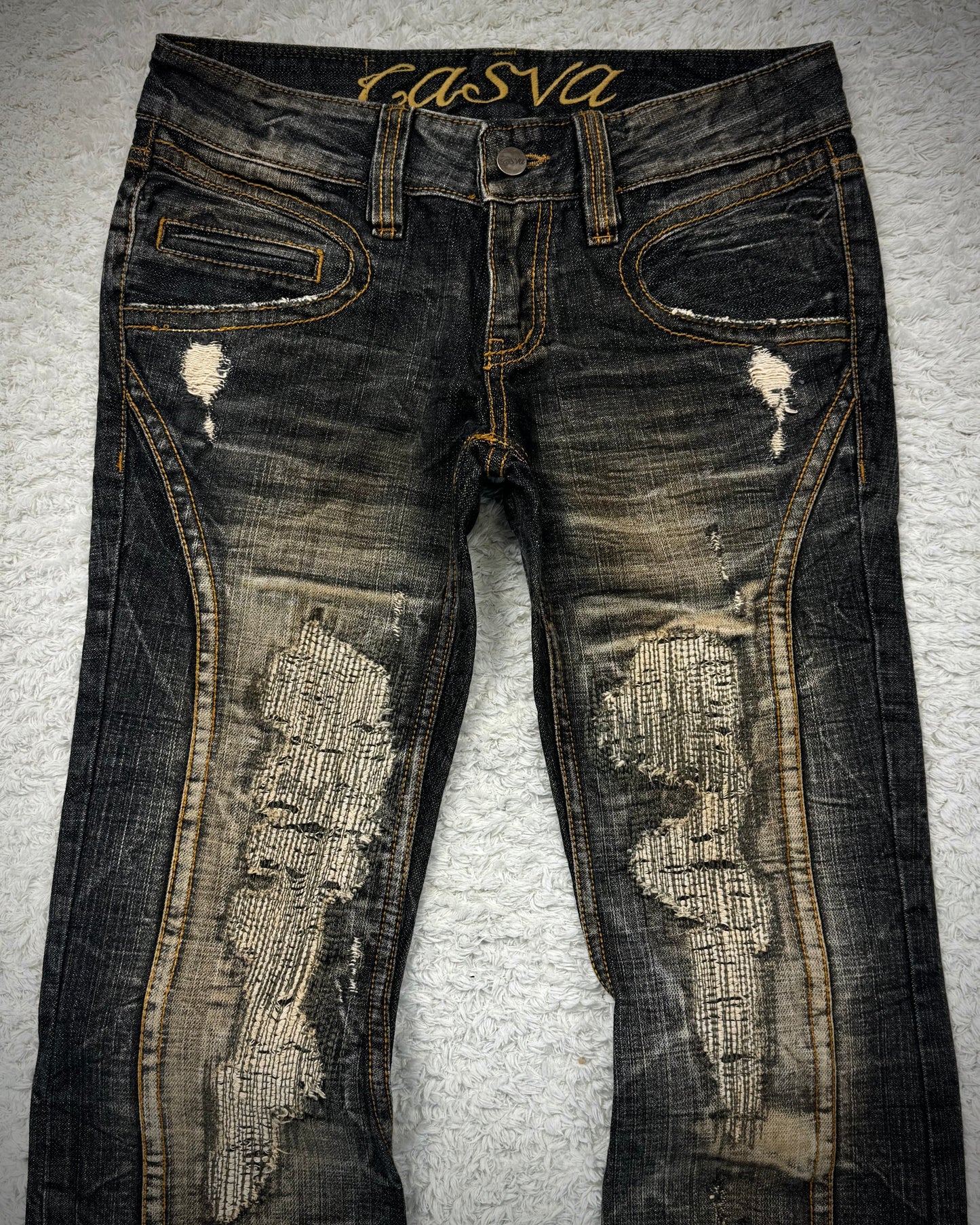 Casva Stitch Repaired Mud Washed Flared Jeans
