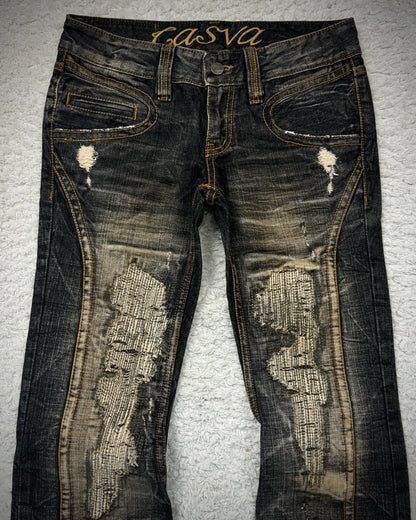 Casva Stitch Repaired Mud Washed Flared Jeans