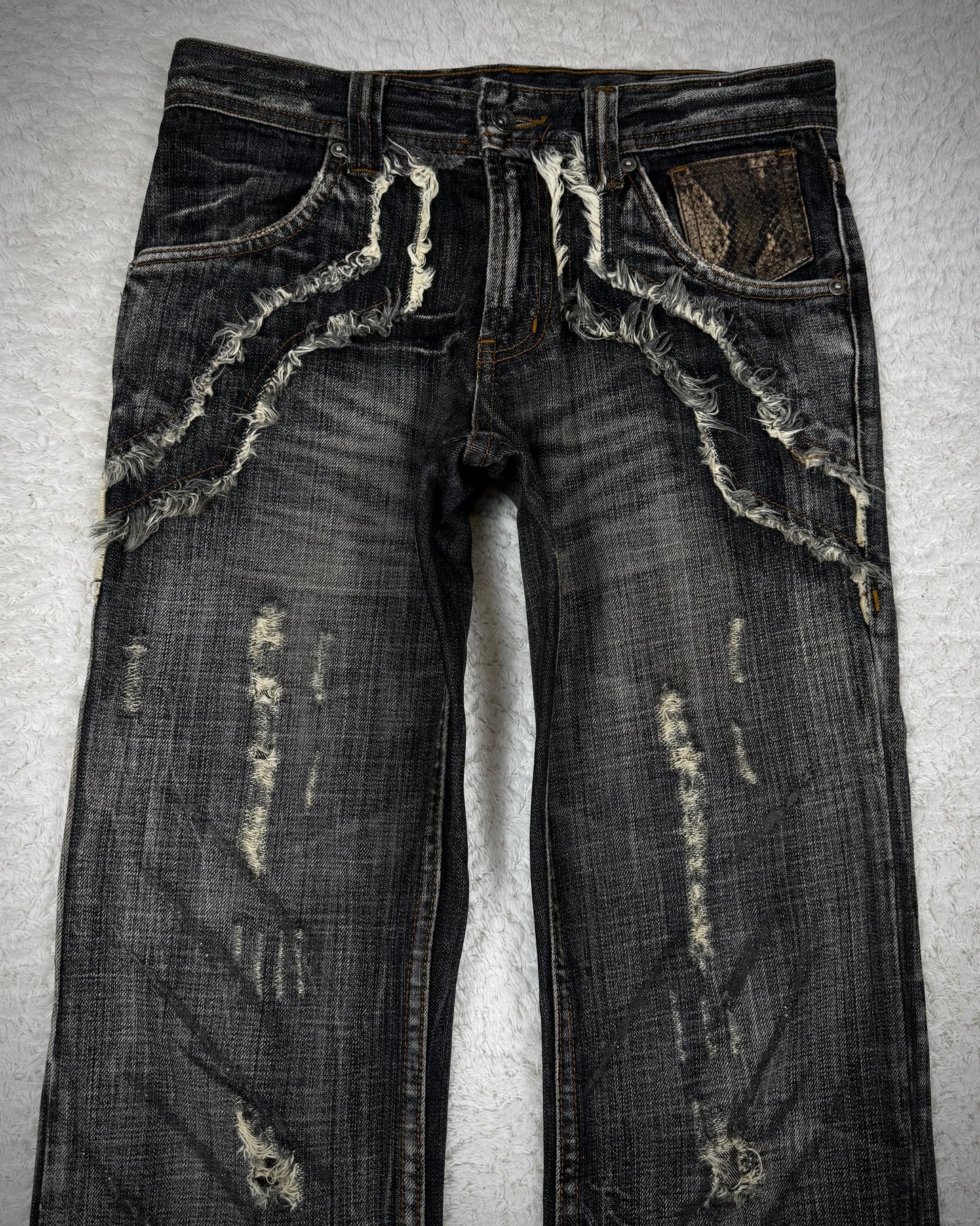 Semantic Design Clawmark Washed Python Detailed Bootcut Denim