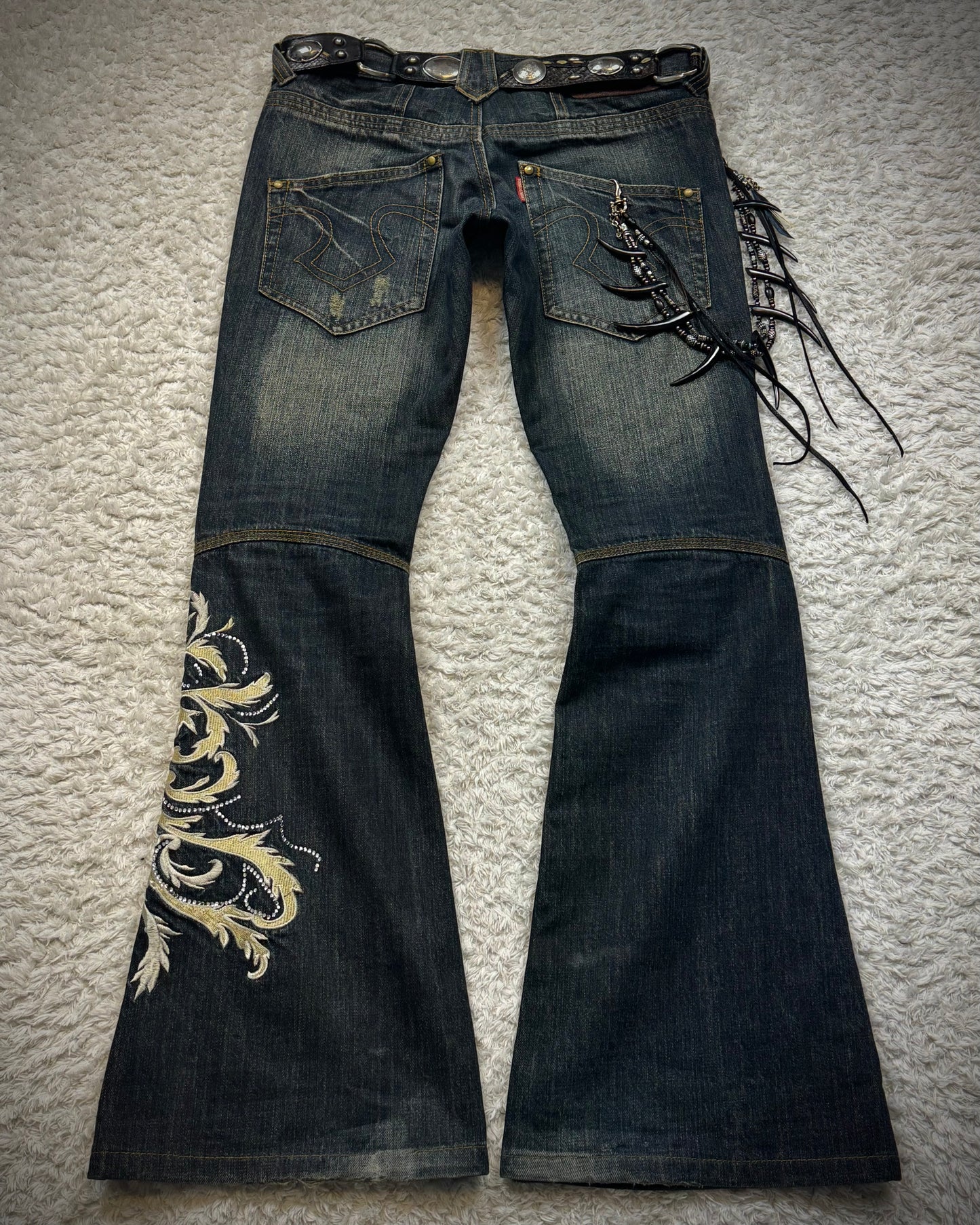 Tornado Mart Tribal Tattoo Embroidery Flared Jeans