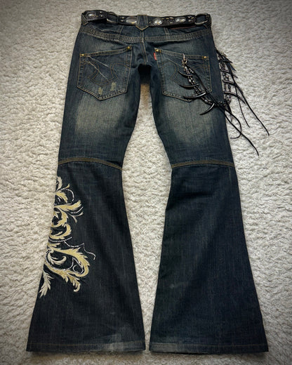 Tornado Mart Tribal Tattoo Embroidery Flared Jeans