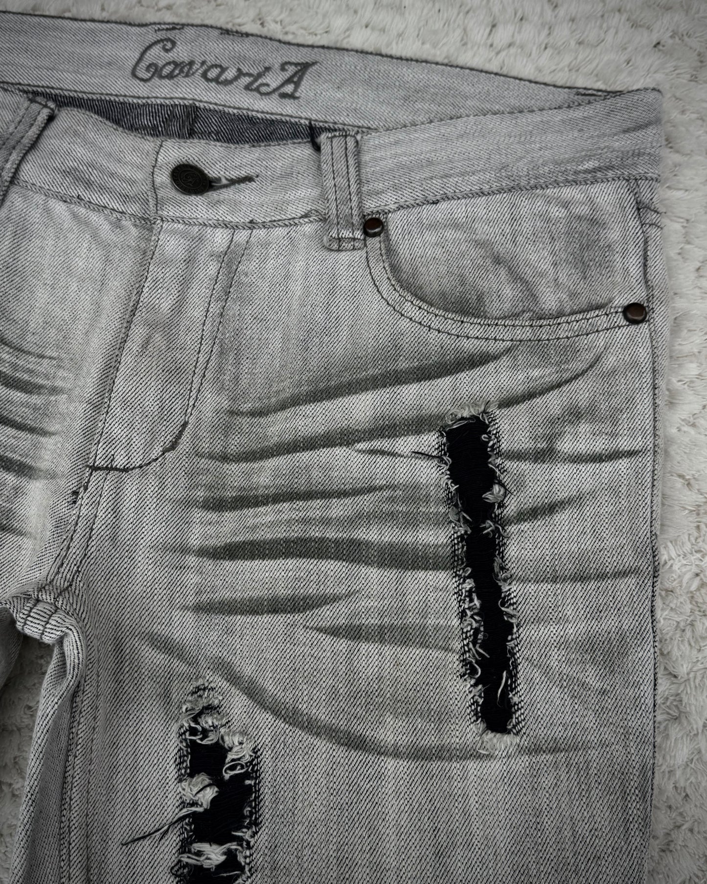 CavariA Ash Claw Marks Washed Distressed Flared Jeans