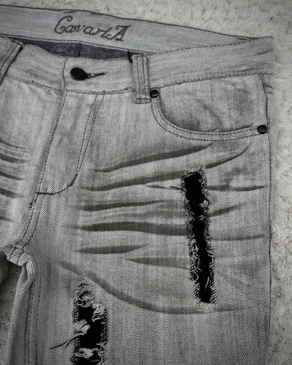 CavariA Ash Claw Marks Washed Distressed Flared Jeans