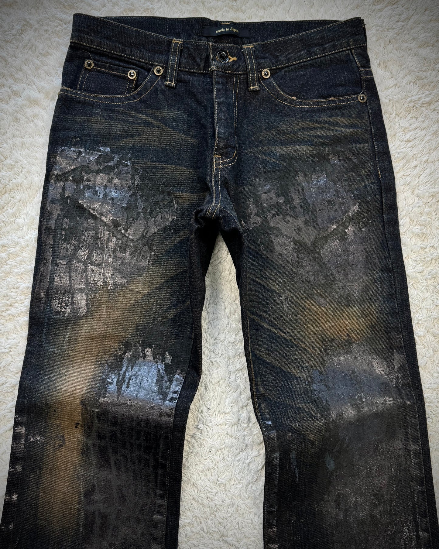 Semantic Design Crocodile Wax Splatter Mud Washed Bootcut Denim