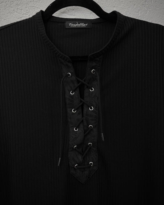 Tornado Mart Triple Lace Up Rib Knit T-Shirt