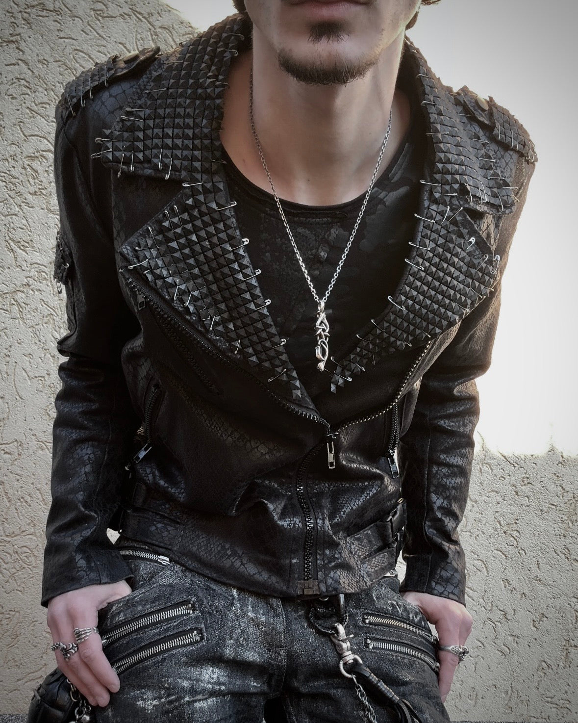 By The R Python Waxed Armor Studded Biker Jacket