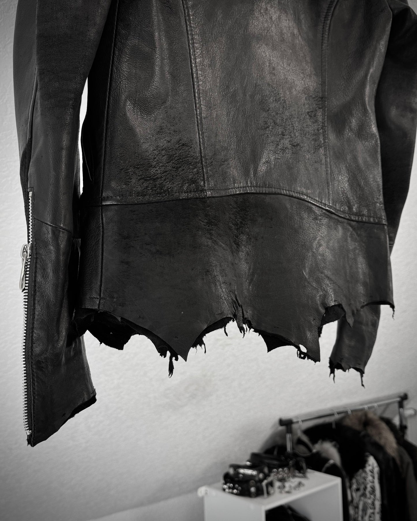 14th Addiction Mouton Fur Cross Zip Leather Jacket