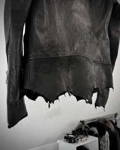 14th Addiction Mouton Fur Cross Zip Leather Jacket