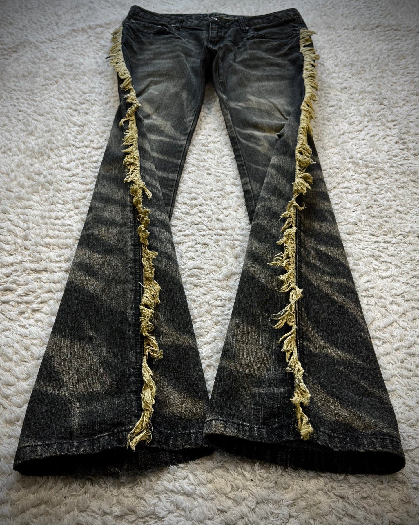 Black Baccara Fringed Zebra Washed Flared Jeans