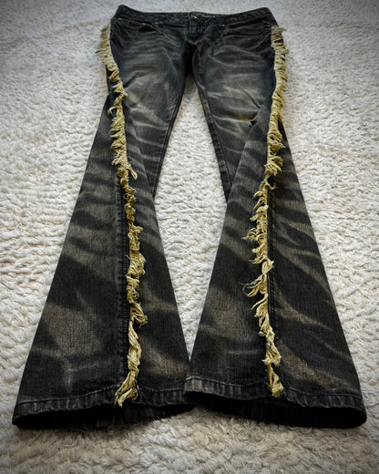 Black Baccara Fringed Zebra Washed Flared Jeans