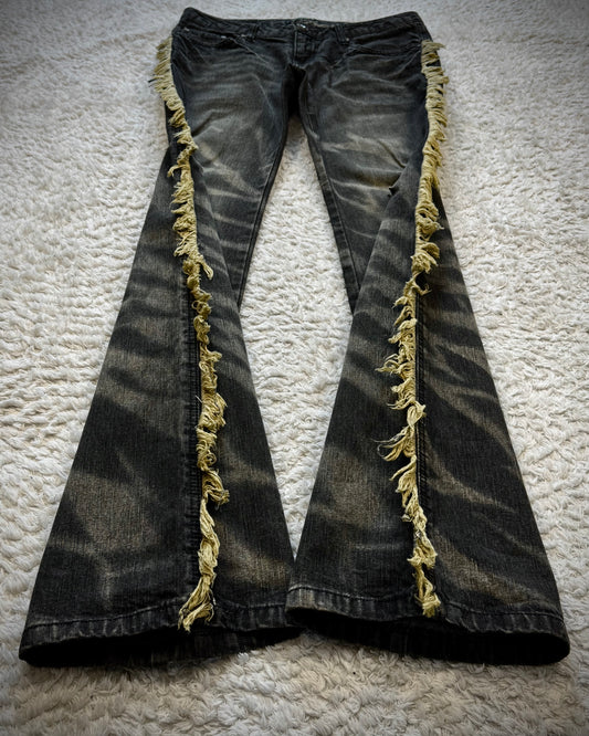 Black Baccara Fringed Zebra Washed Flared Jeans