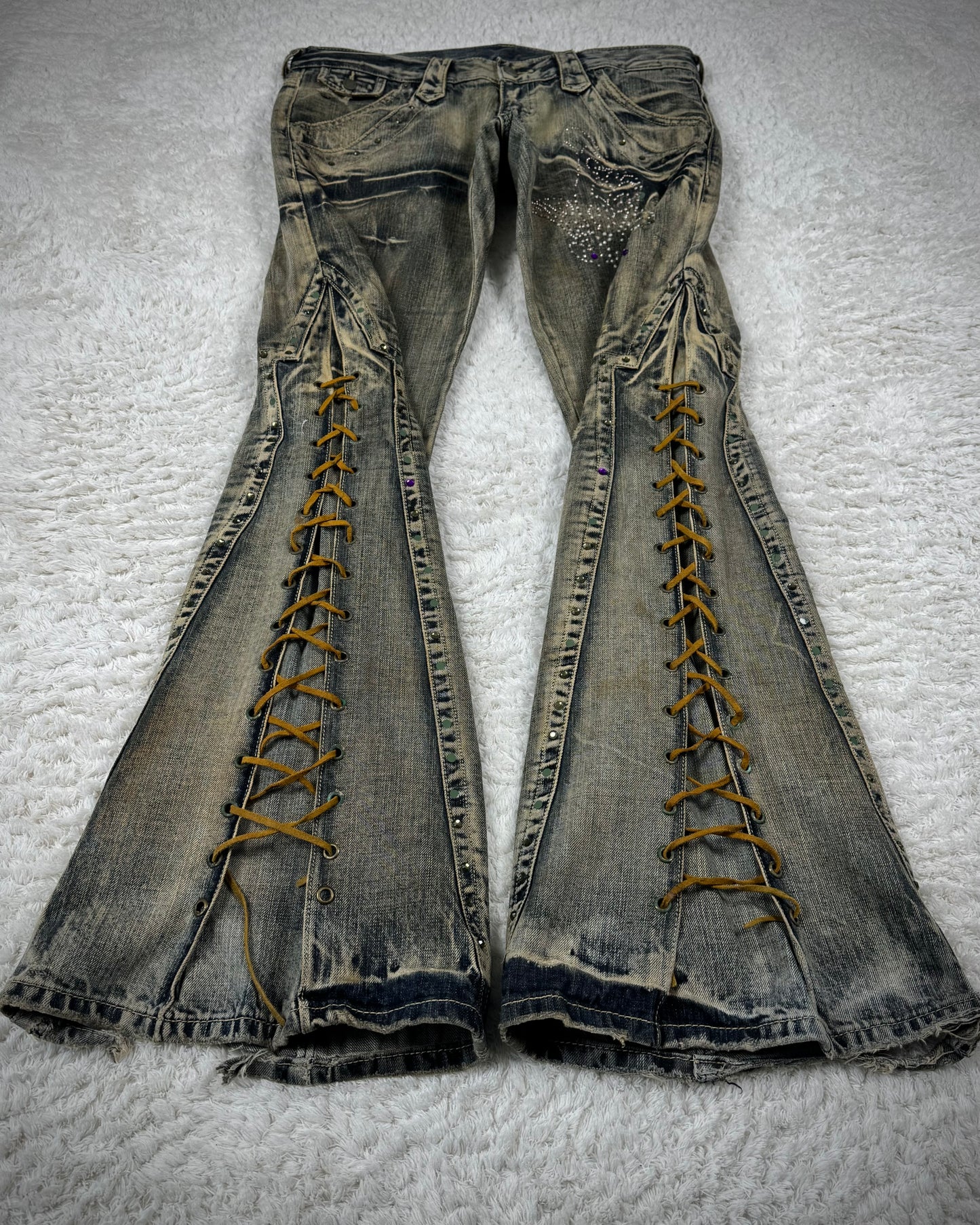 Tornado Mart Mud Washed Butterfly Lace Up Flared Jeans