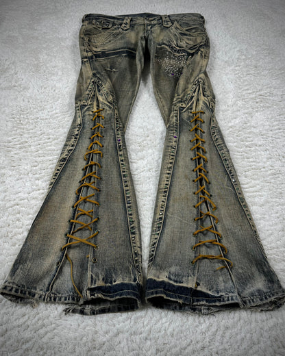 Tornado Mart Mud Washed Butterfly Lace Up Flared Jeans