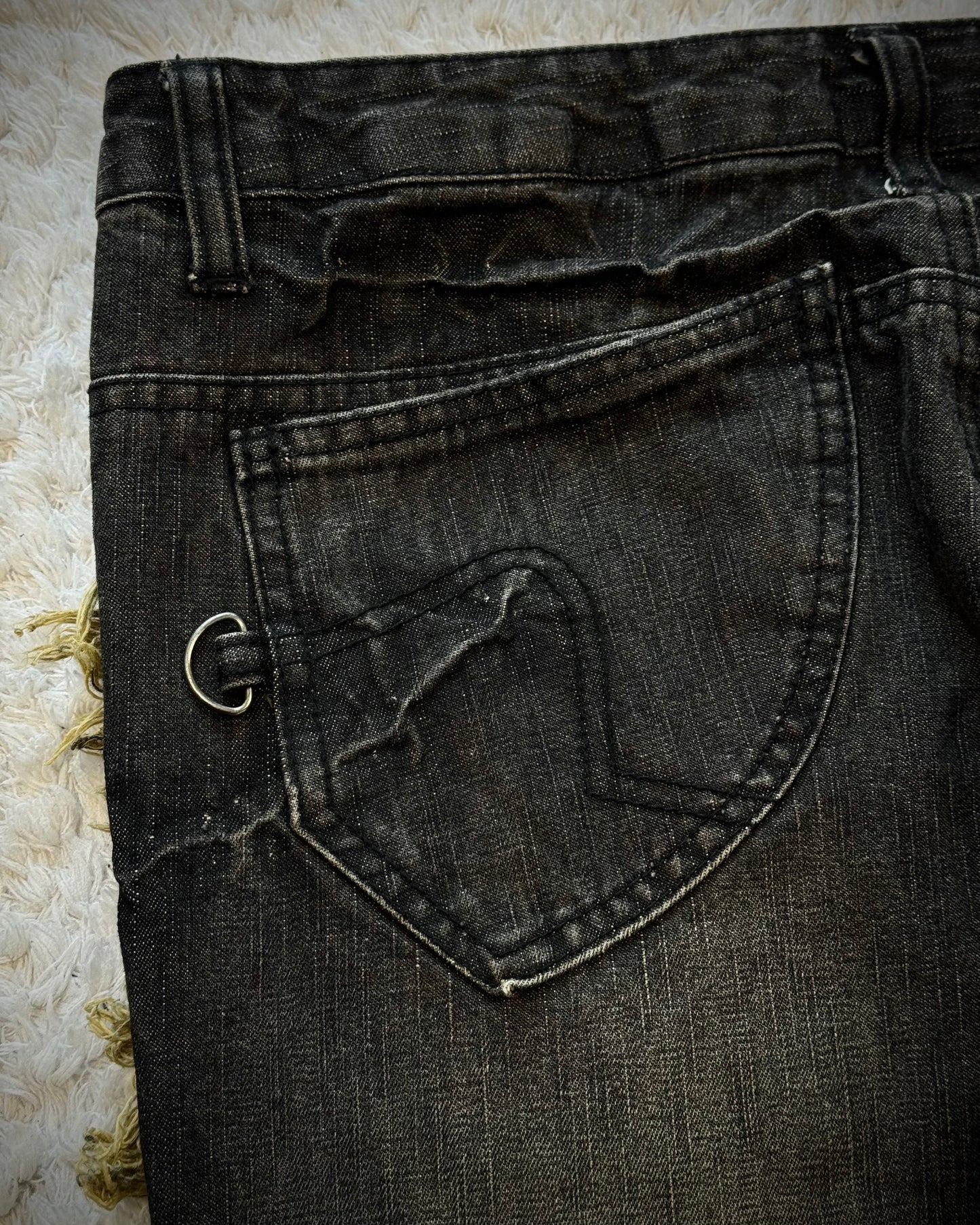 Black Baccara Fringed Zebra Washed Flared Jeans