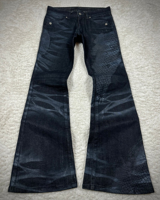 Tornado Mart 3D Python Coated Whisker Waxed Flared Jeans