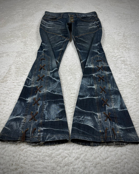 Tornado Mart Whisker Washed Lace Up Flared Jeans