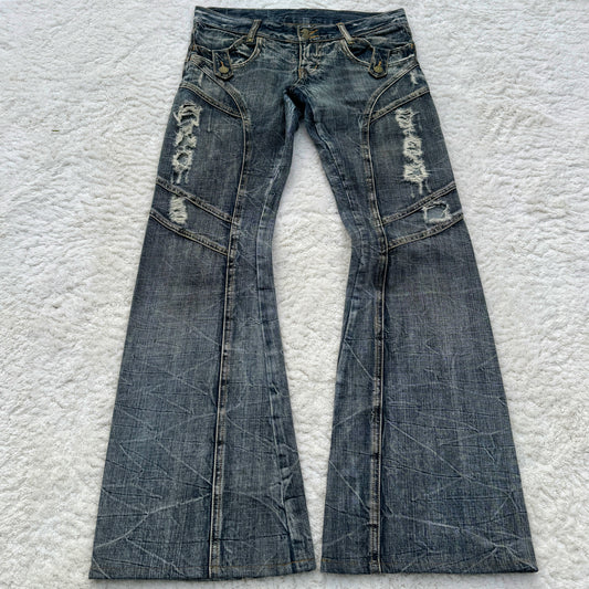 Tornado Mart Distressed Cracked Wash Flared Jeans