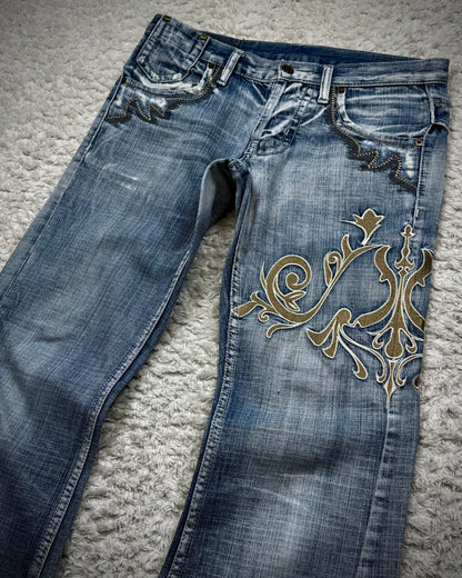 Tornado Mart Tribal Embroidery Spiral Flared Jeans