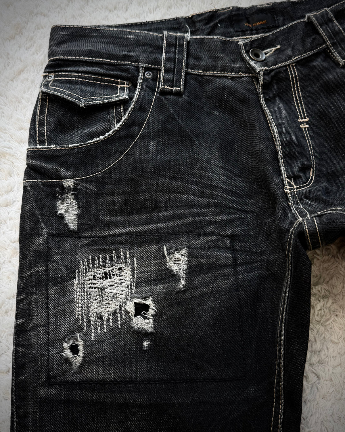 Tete Homme Repaired Distressing Whiskered Flared Jeans