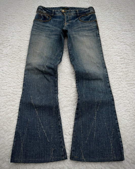 Obelisk Studded Distressed Design Flared Jeans