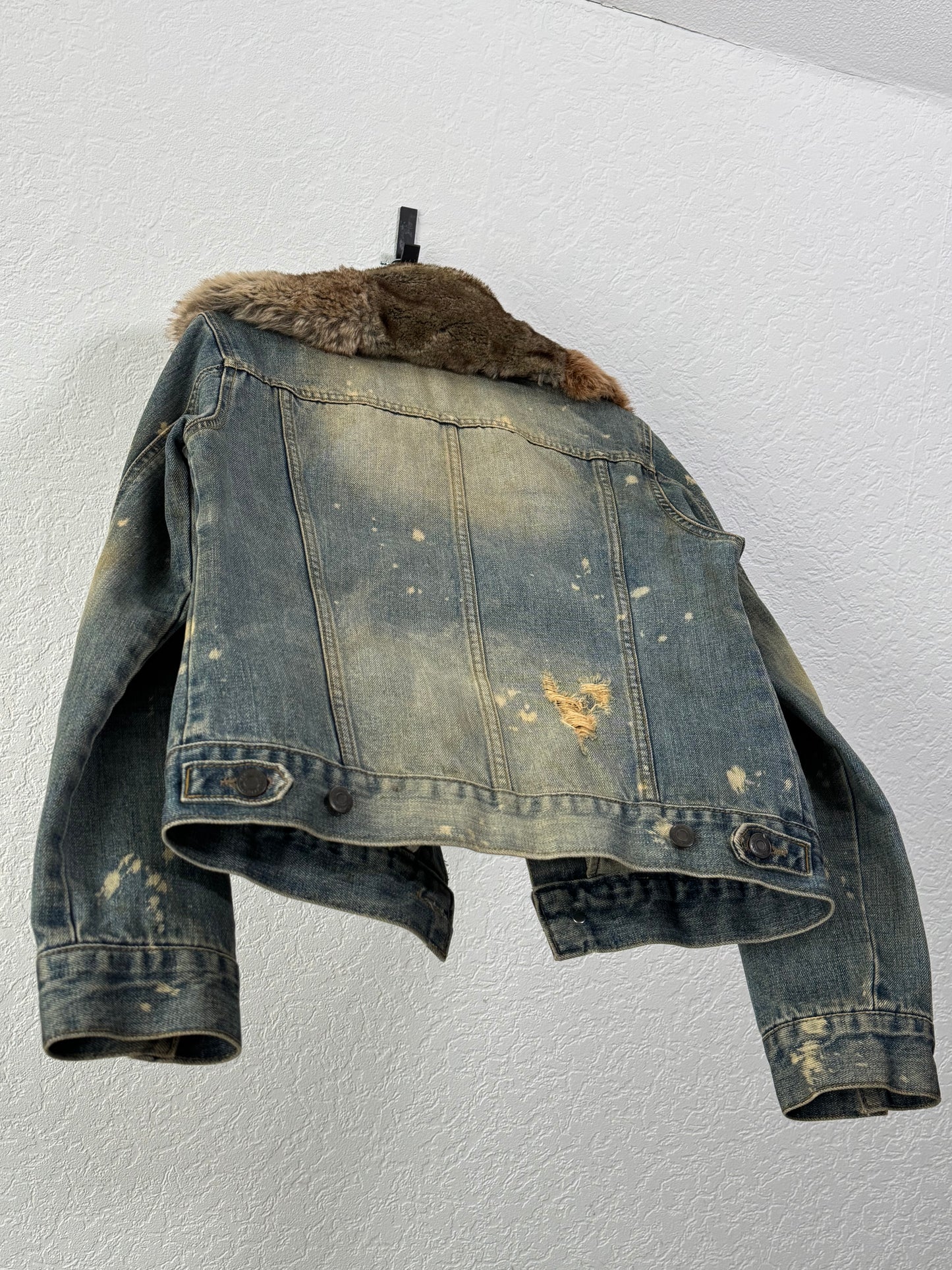 Fuga Mud Washed Chunky Fur Collar Denim Jacket