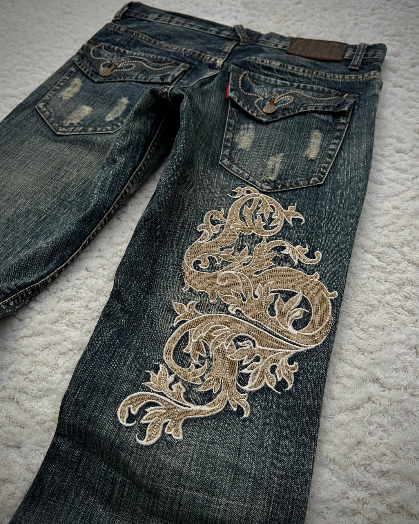 Tornado Mart Mud Wash Tribal Embroidery Flared Jeans