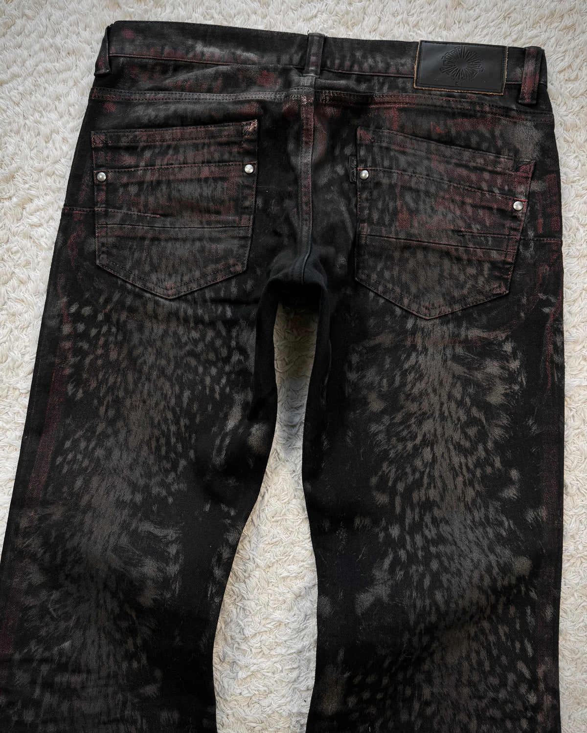 Tornado Mart Crimson Leopard Waxed Flared Jeans