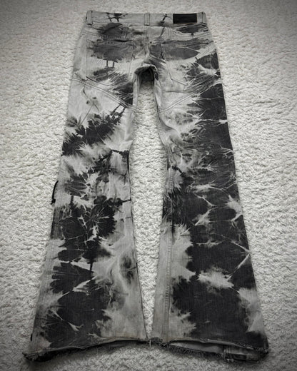 Tornado Mart Ash Marble Washed Raw Hem Lace Up Flared Jeans