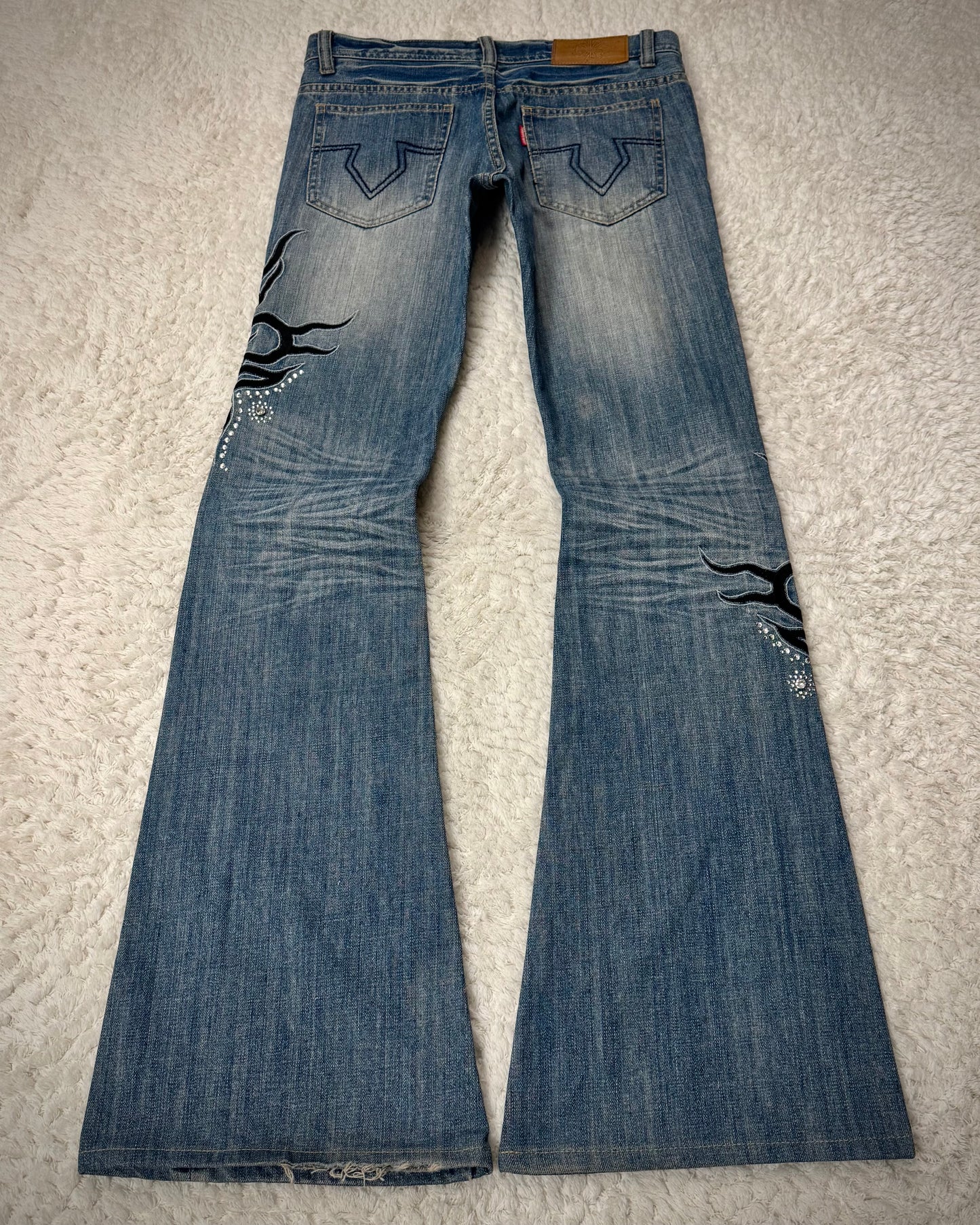 Tornado Mart Tribal Embroidery Studded Flared Jeans