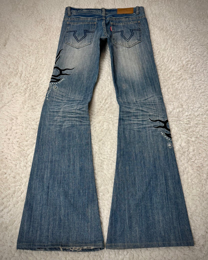 Tornado Mart Tribal Embroidery Studded Flared Jeans