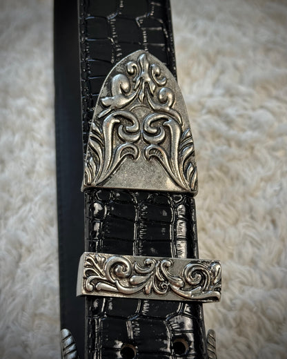 Crocodile Textured Western Buckle Glossy Leather Belt