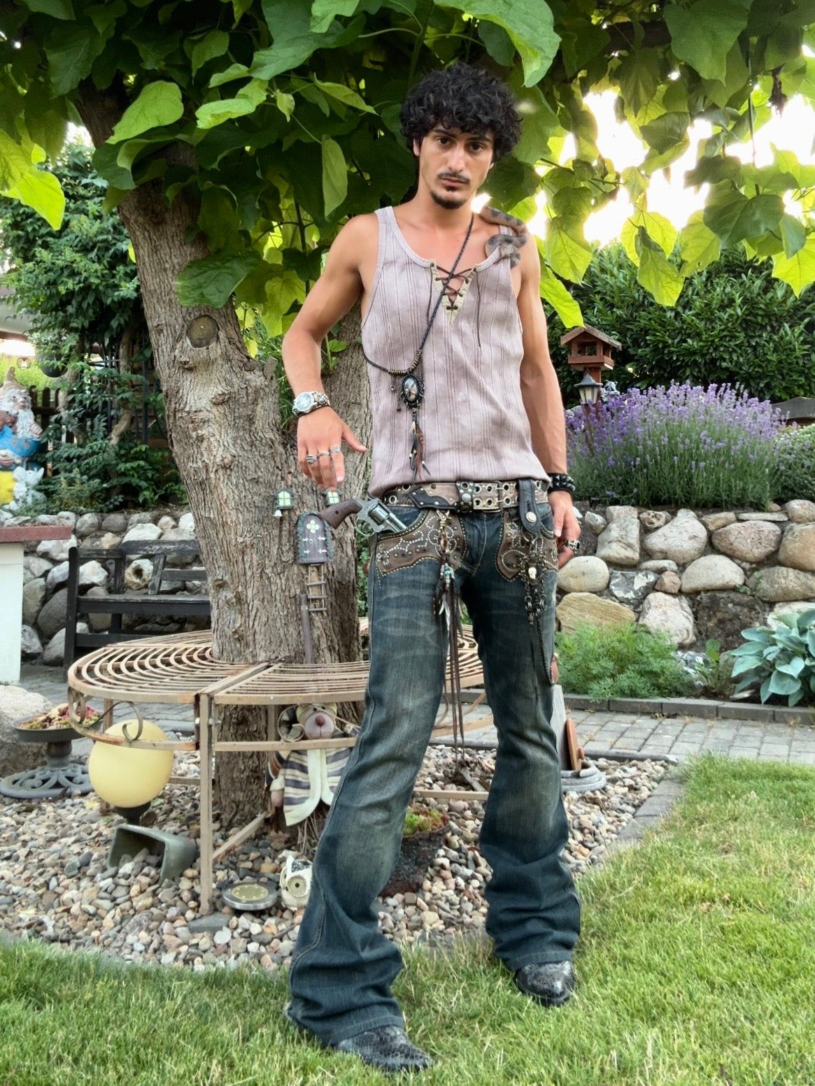 Tornado Mart Western Studded Leather Flared Jeans