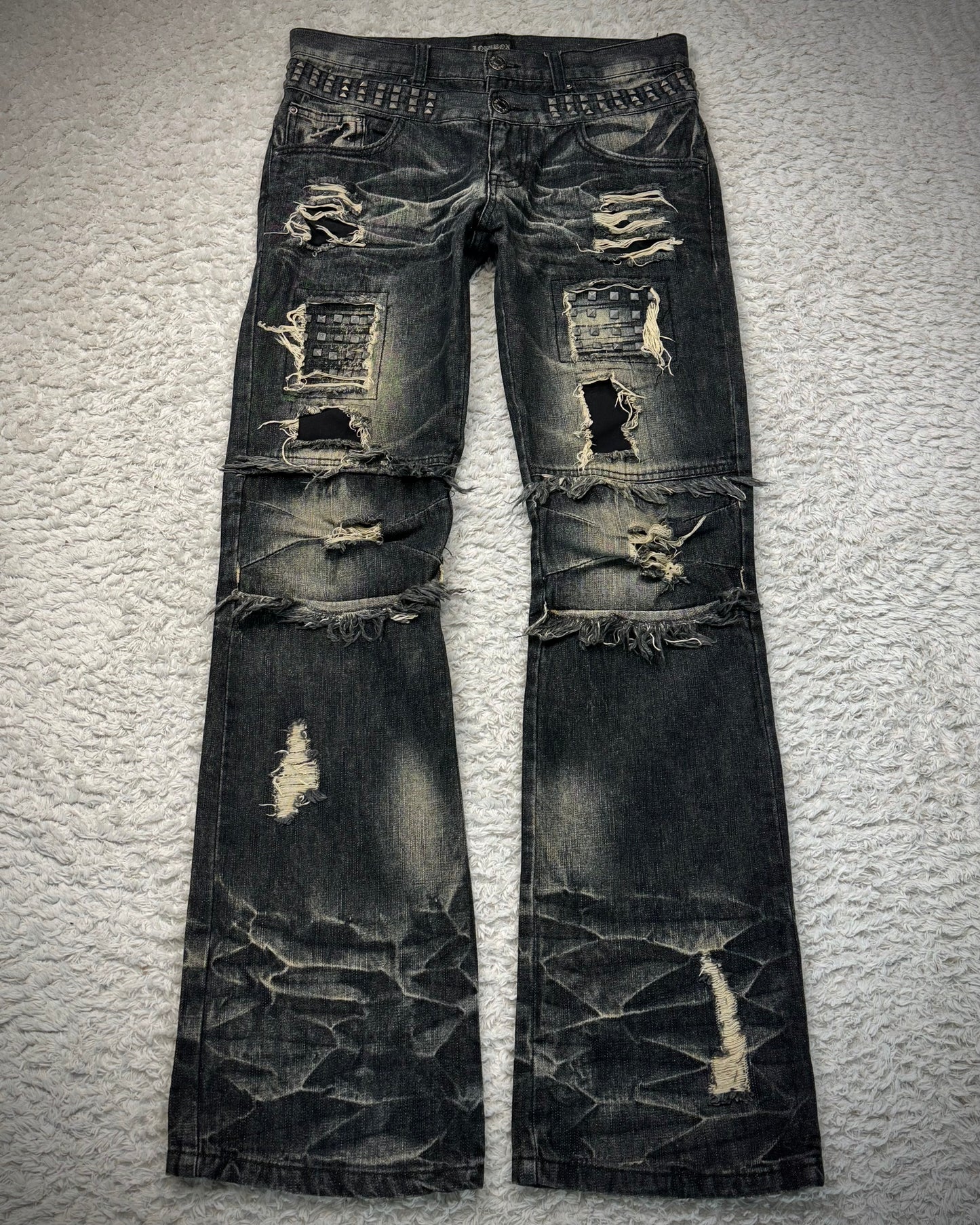 Lowbox Double Waisted Studded Repaired Flared Jeans