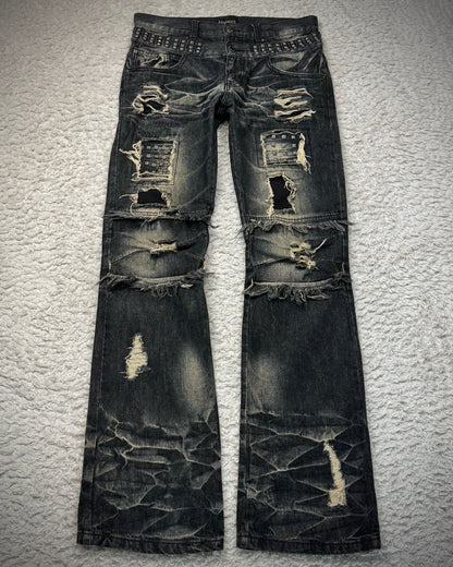 Lowbox Double Waisted Studded Repaired Flared Jeans