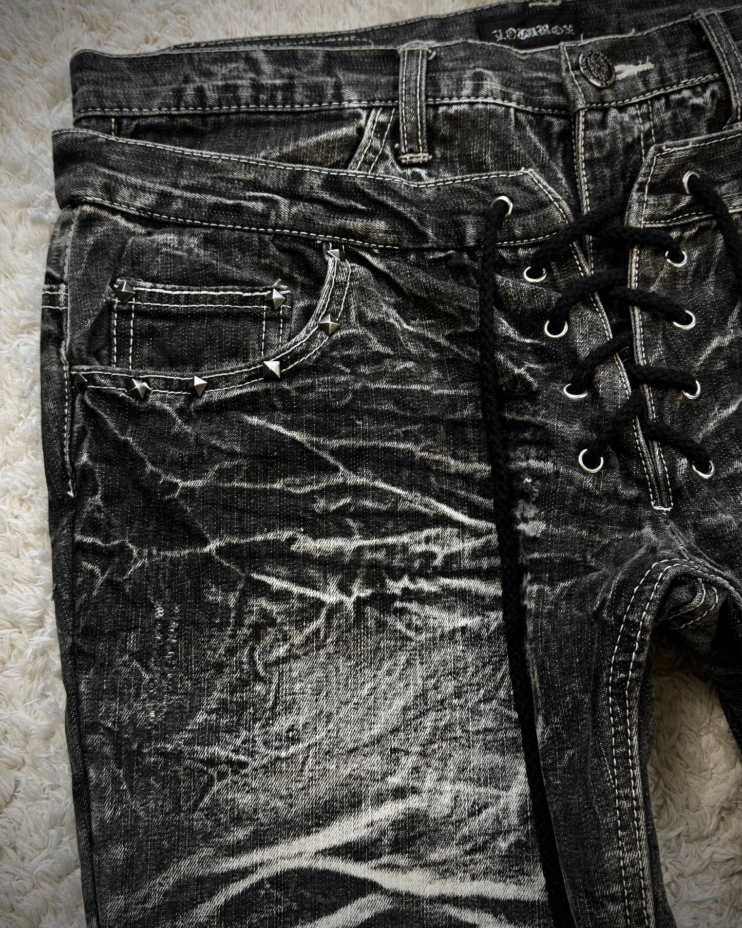Lowbox Double Waisted Lace Up Whiskered Flared Jeans