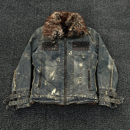 In The Attic Mud Washed Denim Fur Jacket